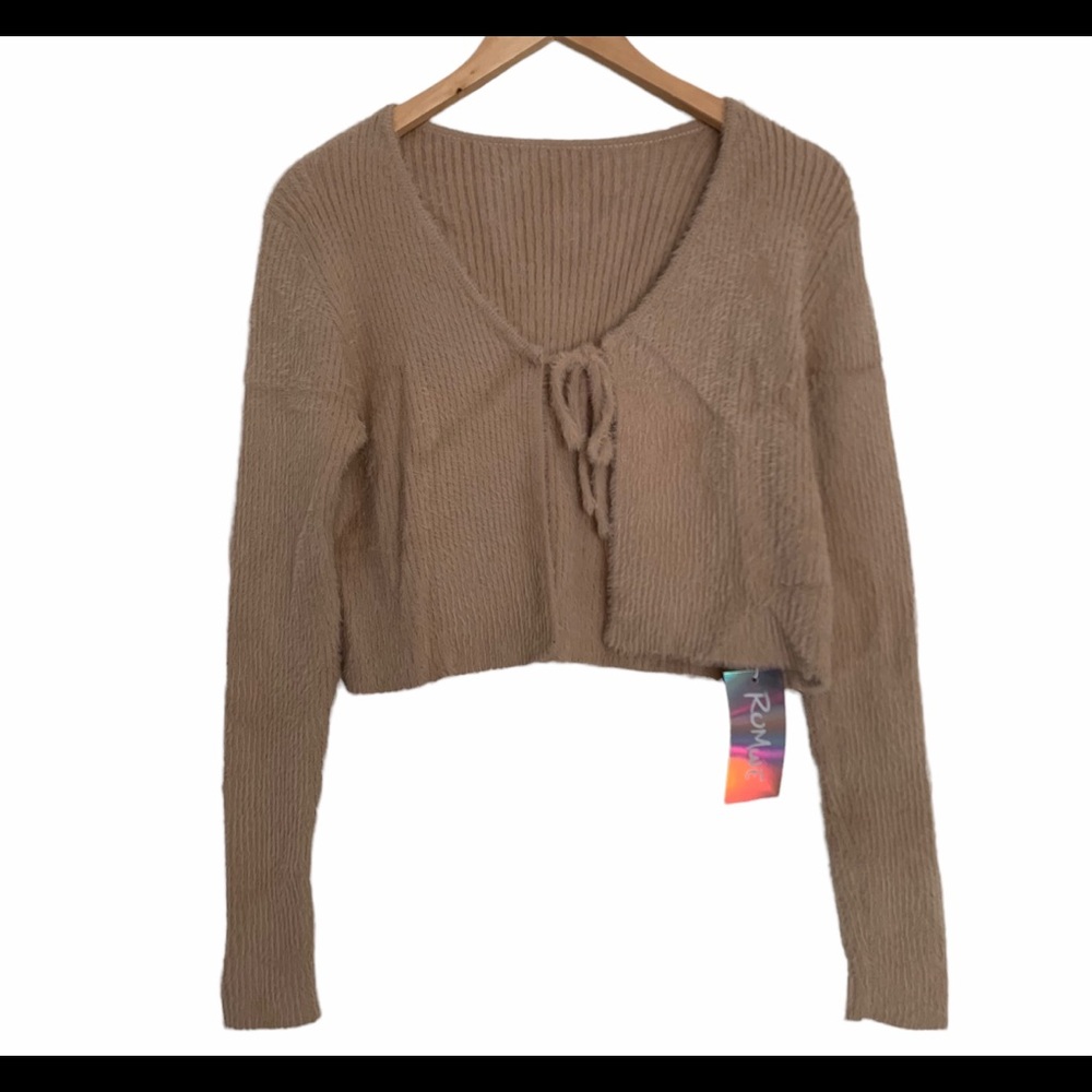ROMWE Tan Caramel Fuzzy Crop Open Cardigan Sweater Size Large